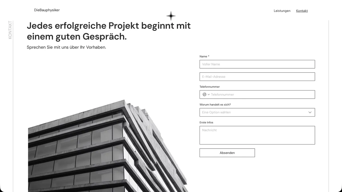 Kontaktseite DieBauphysiker: „Jedes erfolgreiche Projekt beginnt mit einem guten Gespräch.“ mit Formular und Gebäudefoto