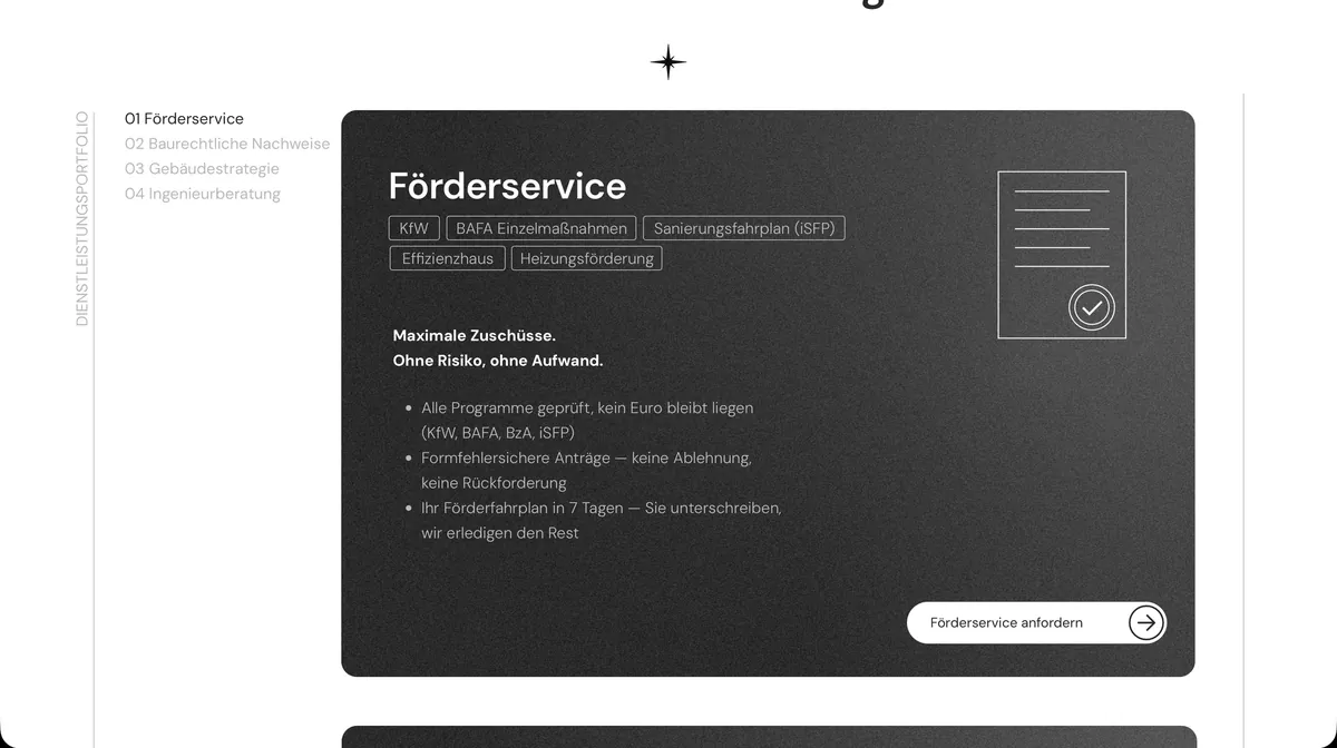 Website DieBauphysiker: Leistungskarte Förderservice mit Programmen und Vorteilen
