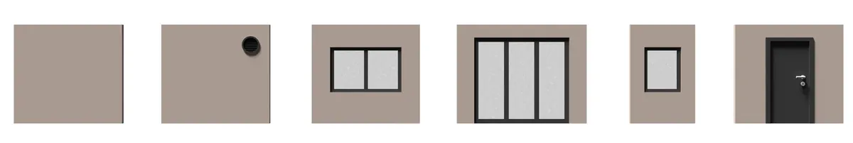 Reihe von Bauteil-Symbolen: Wandelemente mit und ohne Fenster sowie eine Tür