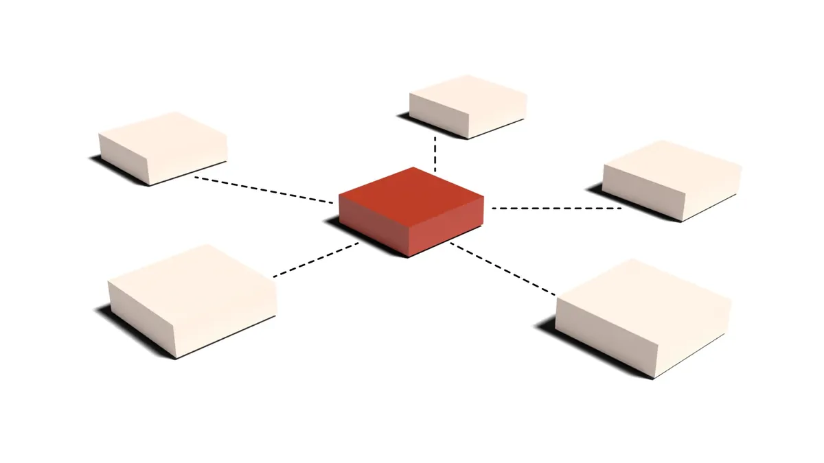3D-Grafik: ein rotes Element in der Mitte, verbunden mit vier weiteren – alle Gewerke aus einer Hand
