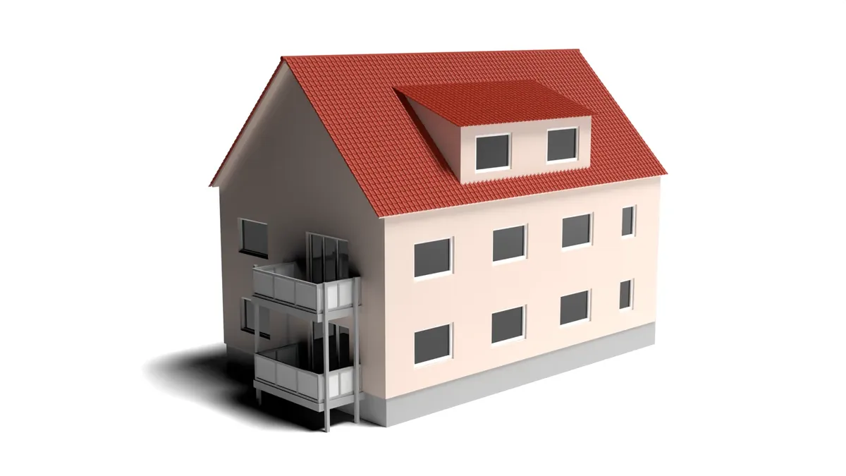 3D-Grafik: fertig saniertes Mehrfamilienhaus mit rotem Dach