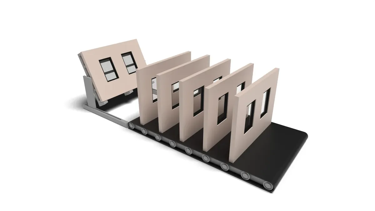 3D-Grafik: vorgefertigte Wandelemente mit Fenstern auf einem Förderband