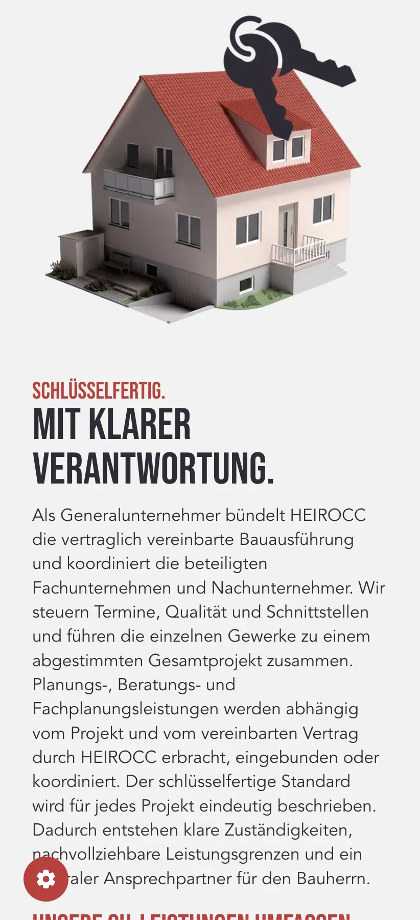Mobile Ansicht: „Schlüsselfertig. Mit klarer Verantwortung.“ mit Hausmodell und Schlüssel