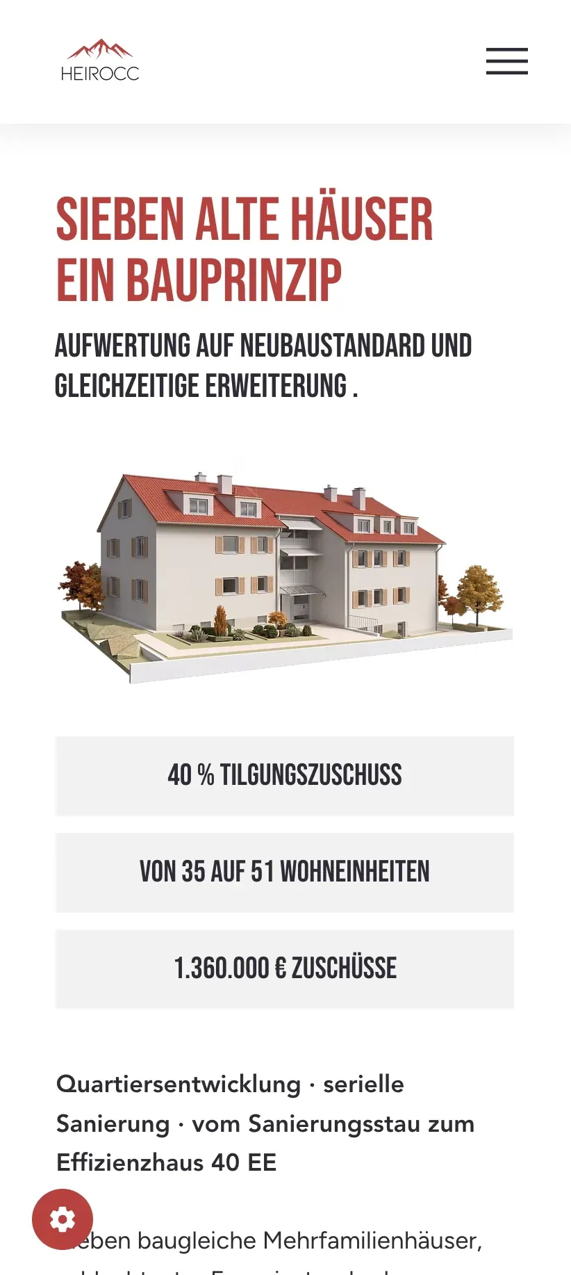 Mobile Ansicht: „Sieben alte Häuser, ein Bauprinzip“ mit Kennzahlen zum Referenzprojekt