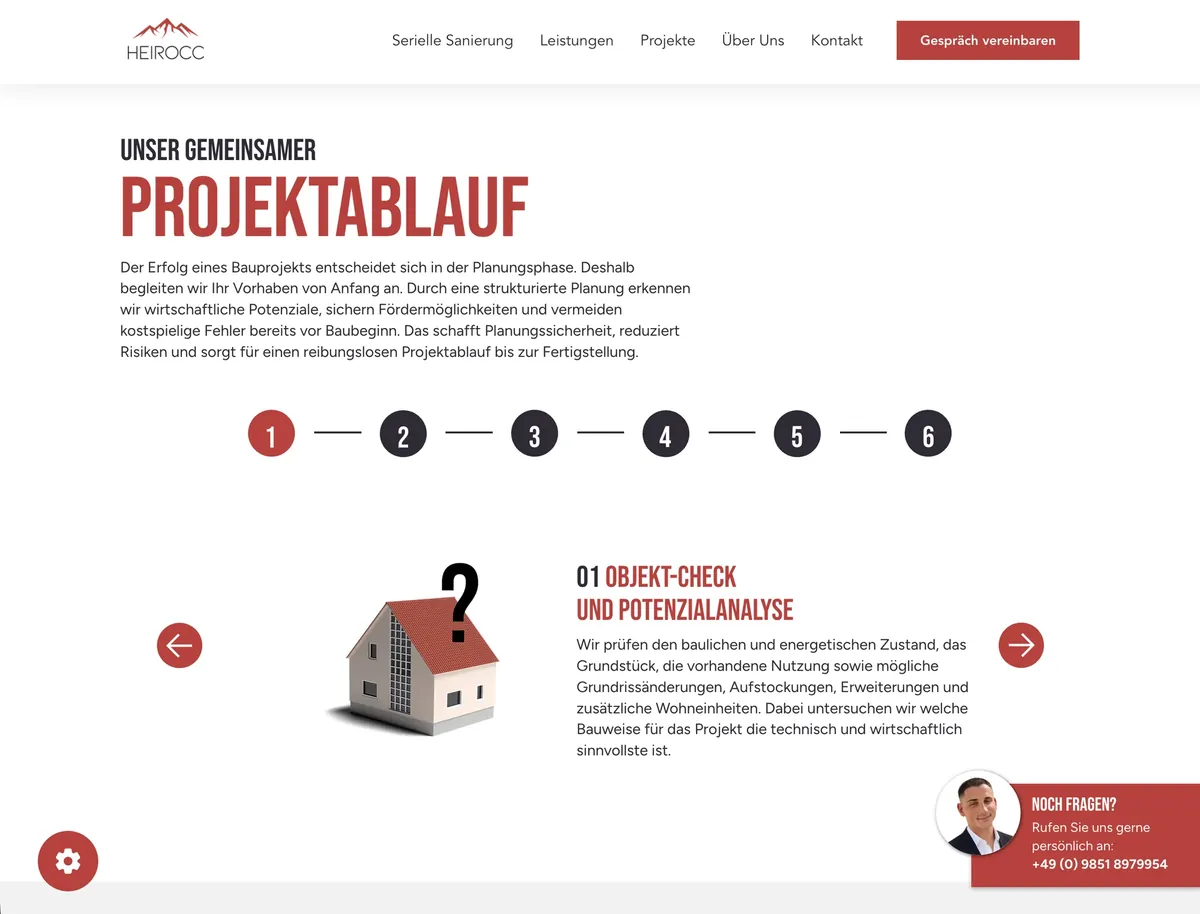 Website Heirocc: Projektablauf in sechs Schritten, geöffnet ist Schritt 1, Objekt-Check und Potenzialanalyse