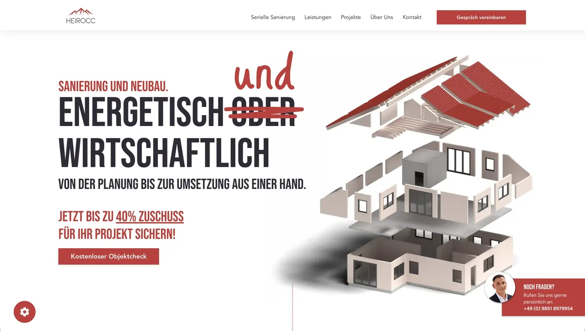 Startseite Heirocc: „Energetisch oder wirtschaftlich“, das „oder“ ist von Hand durch „und“ ersetzt, daneben ein aufgeklapptes Hausmodell