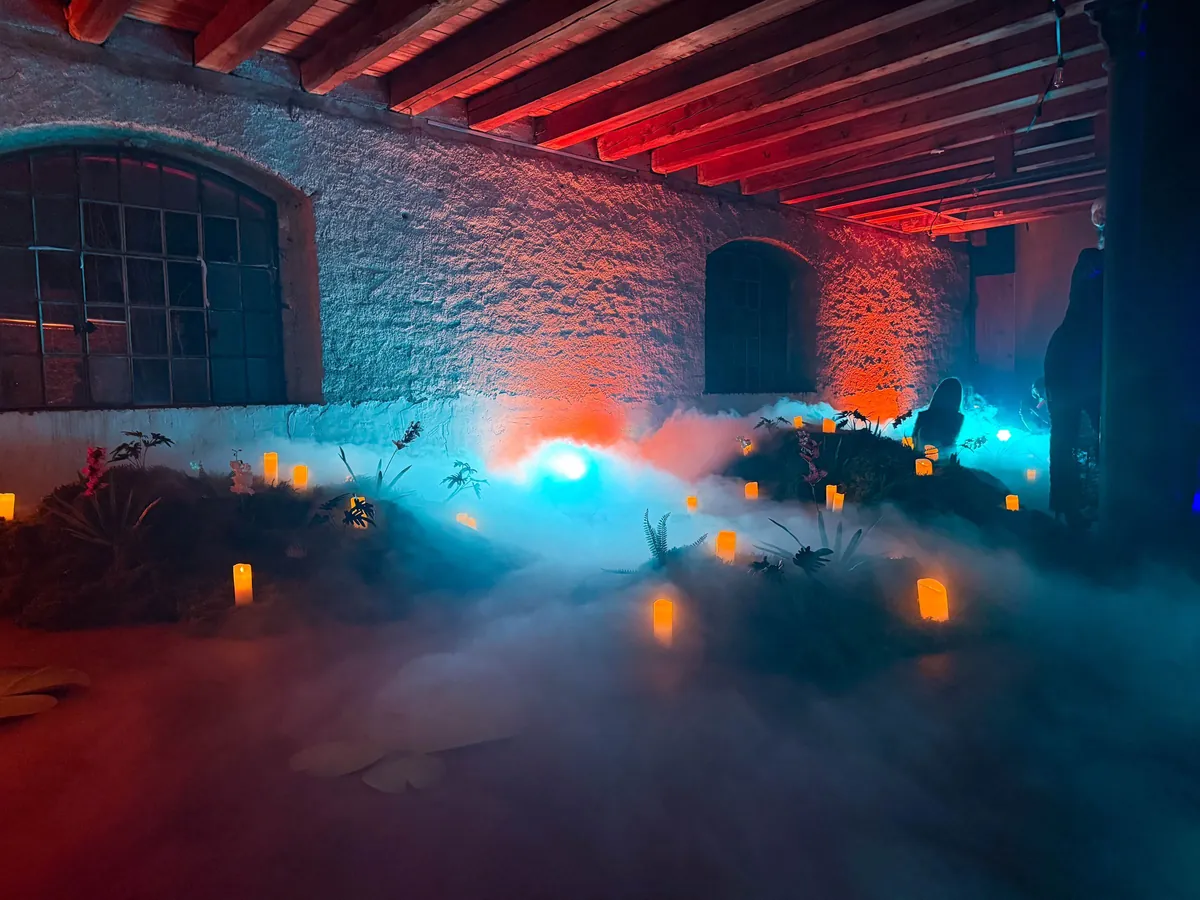 Der ganze Vorraum: Nebel, Moos und Kerzenlicht unter der rot beleuchteten Holzdecke